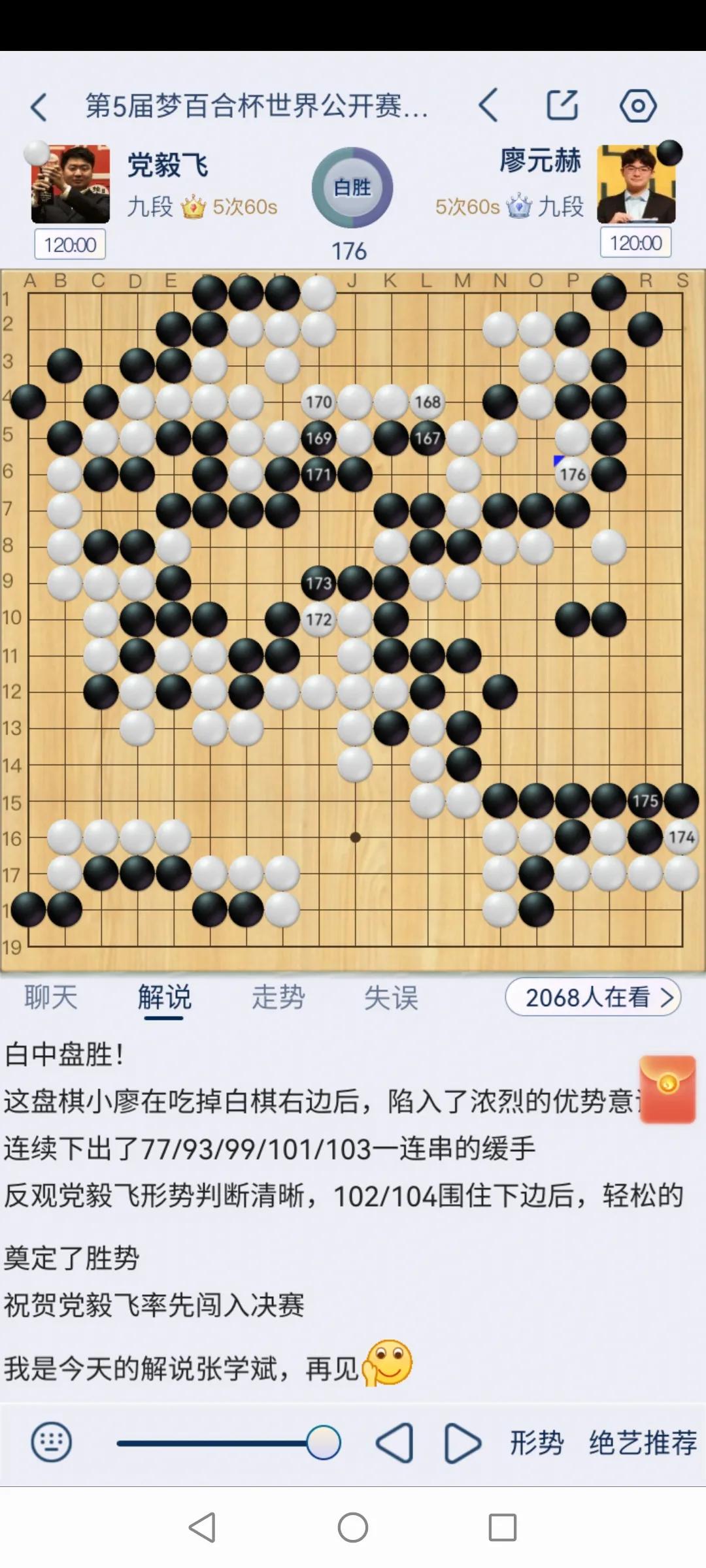 第5届梦百合杯世界围棋公开赛半决赛三番棋第二局，廖元赫负党毅飞，刘宇航负李轩豪。