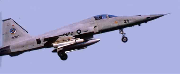F-5E竟然也能够携带AGM-65小牛空地导弹，这个时候安装的应该是光电导引头，