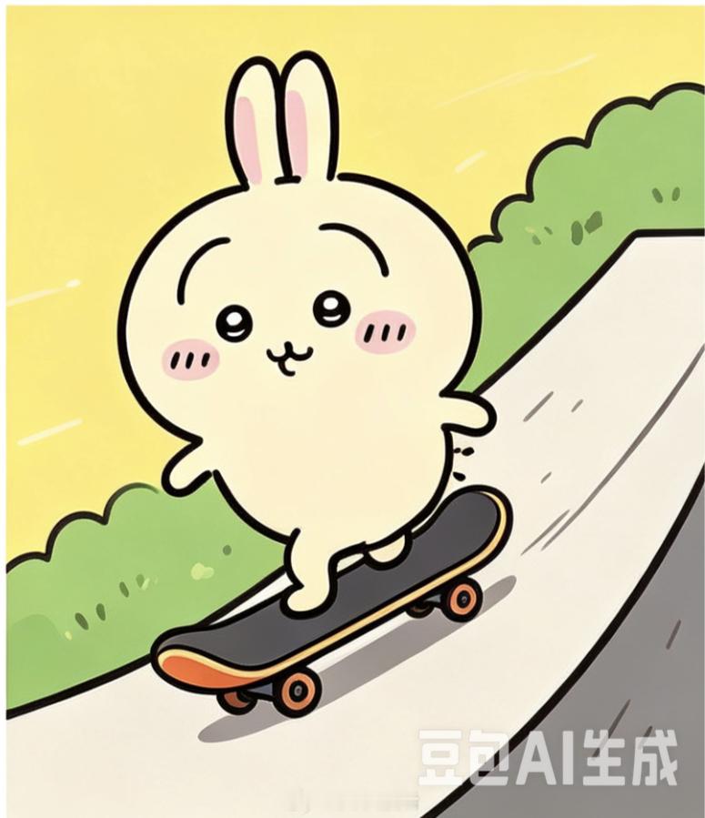 动漫吉伊卡哇灵感共创夏日企画乌萨奇玩滑板，摩擦摩擦。图片由ai生成。 