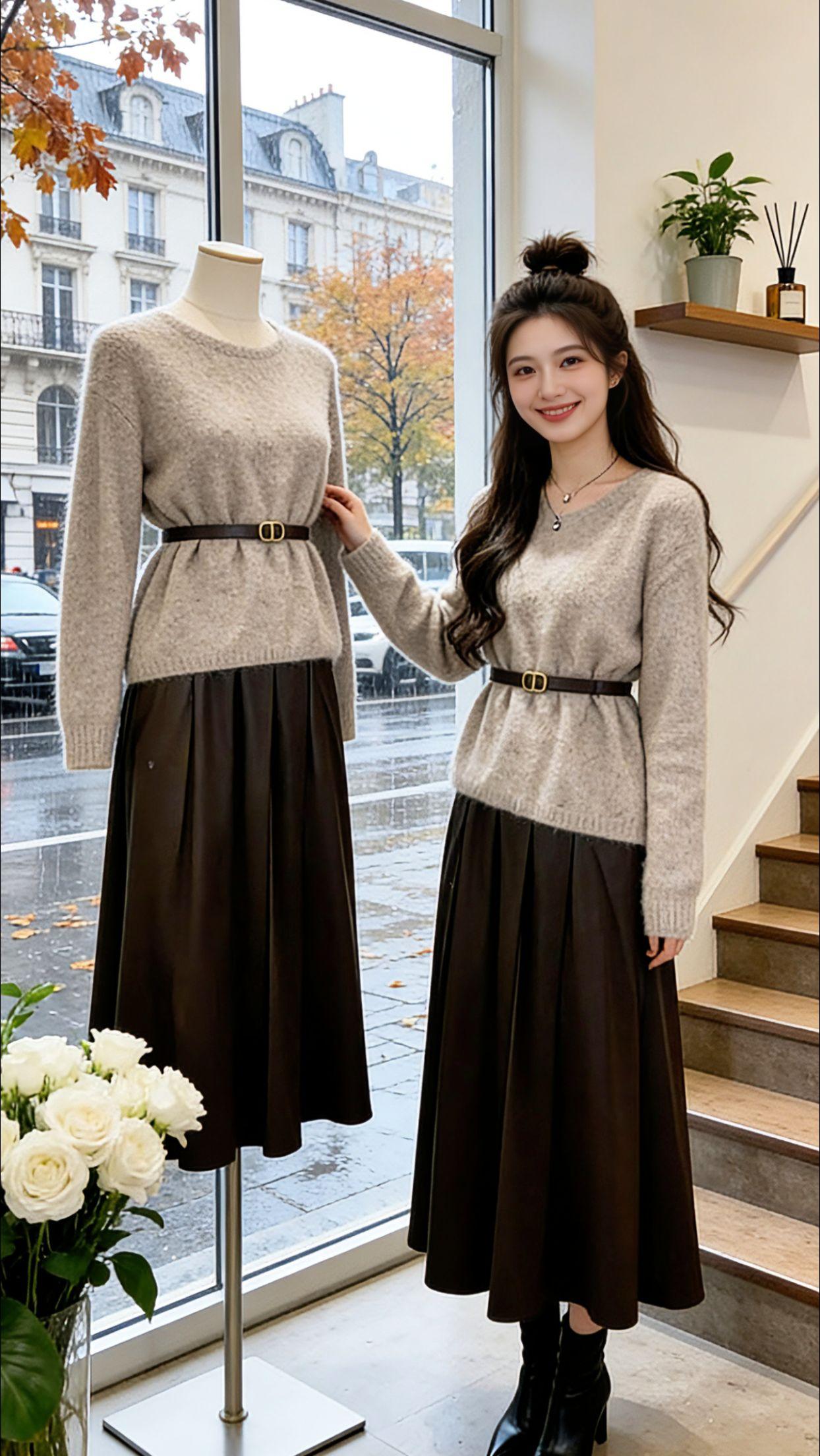 周末和闺蜜探店，被Danny这套韩系冬装狠狠圈粉！宽松针织衫软糯藏肉，高腰半裙秒