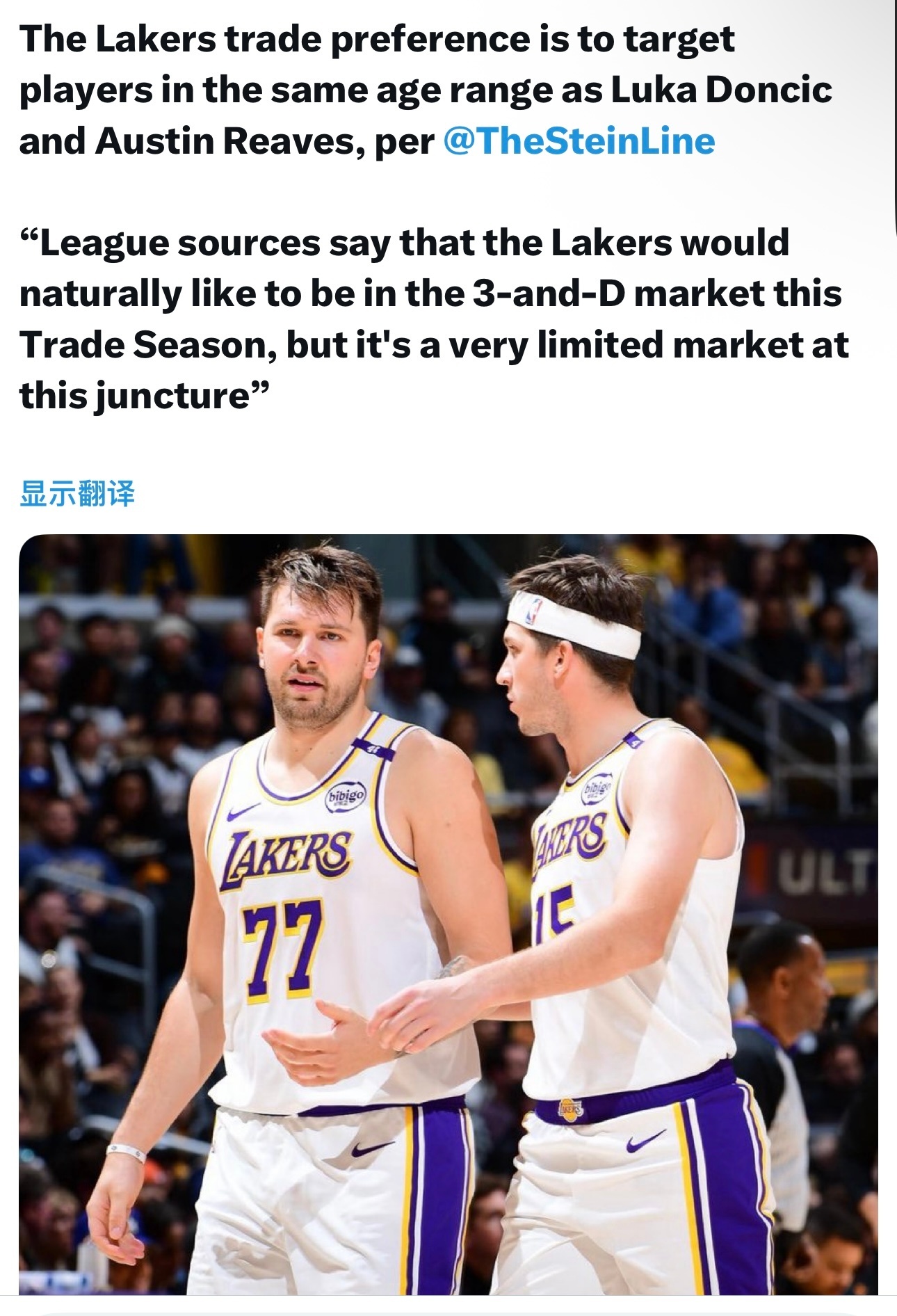 Marc Stein：湖人的交易偏好是瞄准与东契奇和里夫斯年龄相仿的球员。并且湖