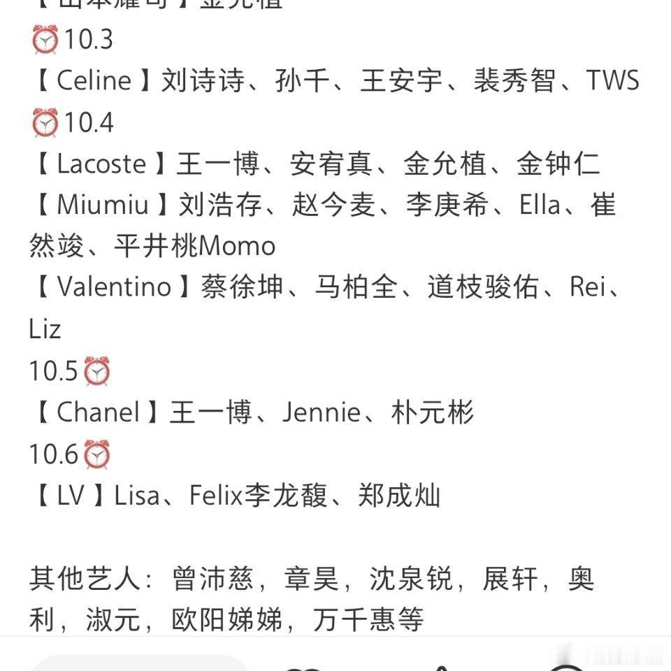 巴黎时装周出席艺人名单🈶，你们最期待的是哪一位？ ​​​