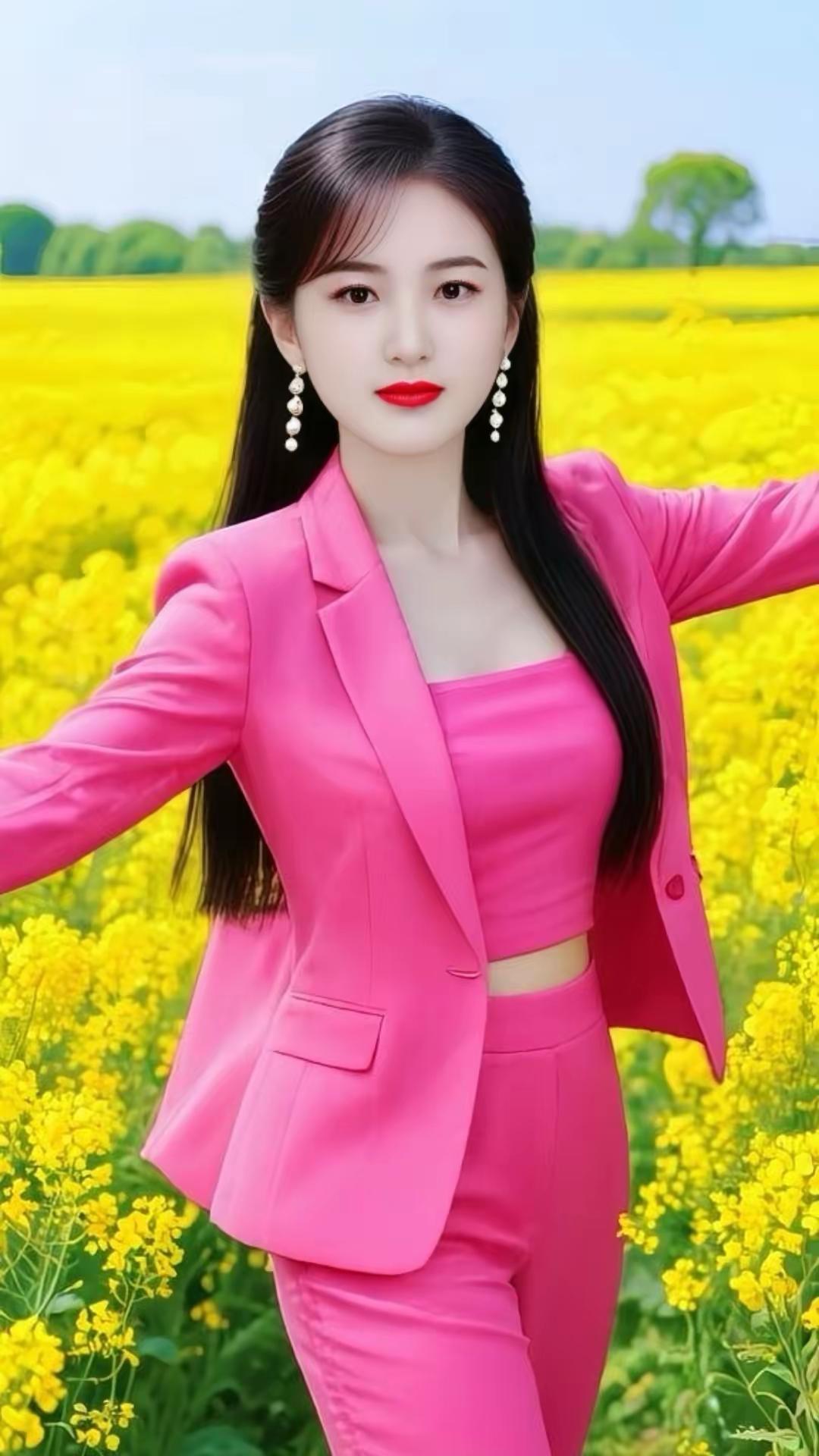 在花海中绽放自信，粉色西装穿搭，元气满满！🌸💕