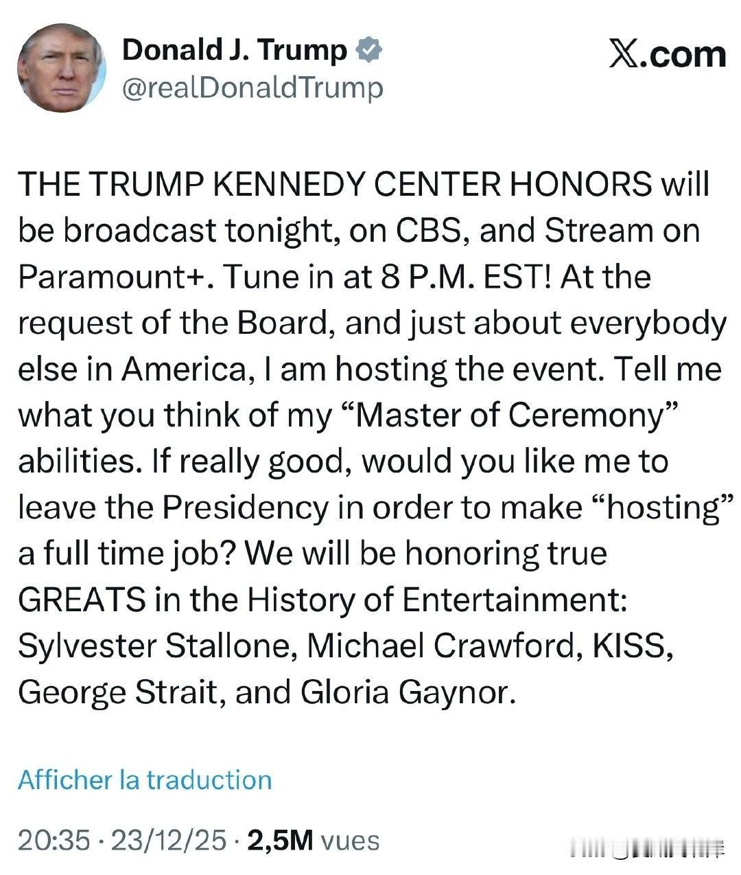 川普发文称他将主持肯尼迪中心的颁奖典礼。
“川普肯尼迪中心荣誉奖将于今晚在 CB