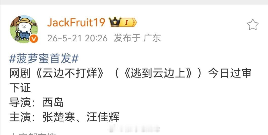 网剧《云边不打烊》（《逃到云边上》）今日过审下证导演：西岛主演：张楚寒、汪佳辉 