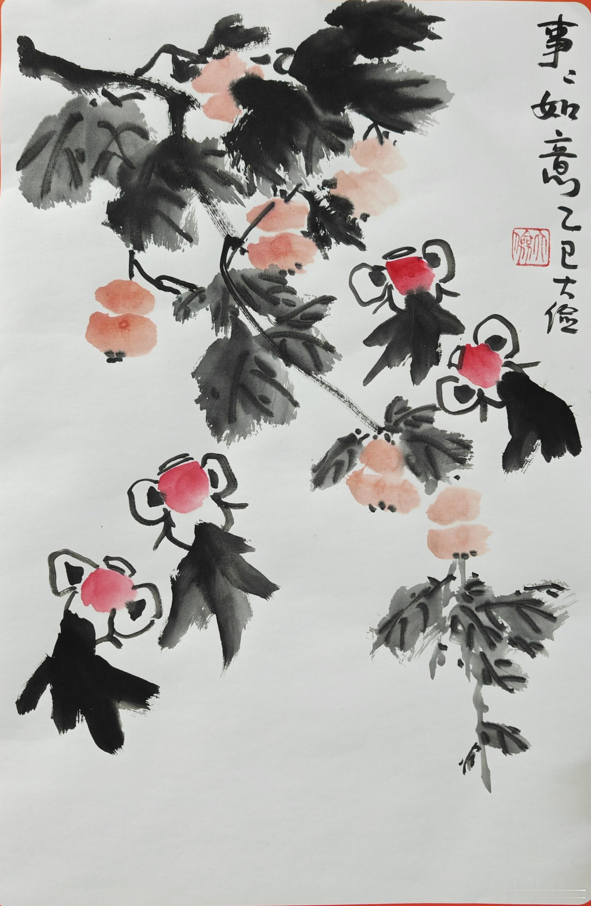 苏大画  画年画，迎新年，今天的作品是《事事如意》，由柿子和四尾红头金鱼，又有红