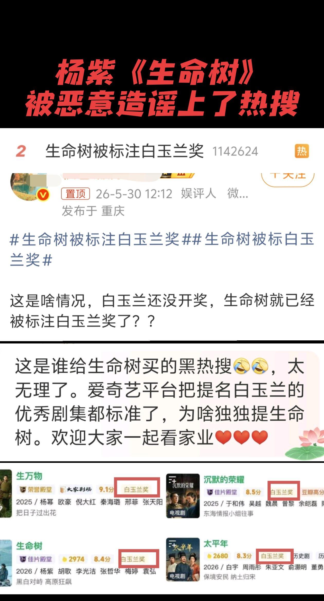 被恶意造谣上了热搜，爱奇艺把所有提名作品后面，都标注了白玉兰，为什么有些人单把《