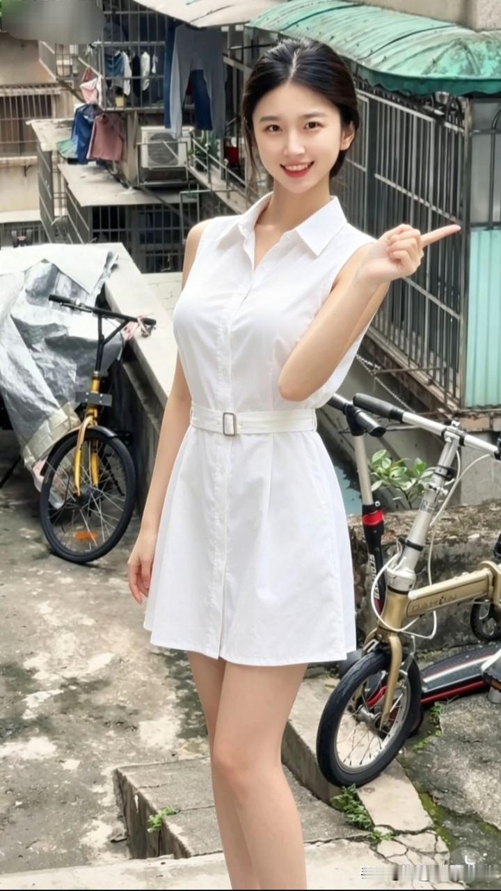 夏日清新穿搭，白色连衣裙搭配红瓦屋顶，简约而优雅。