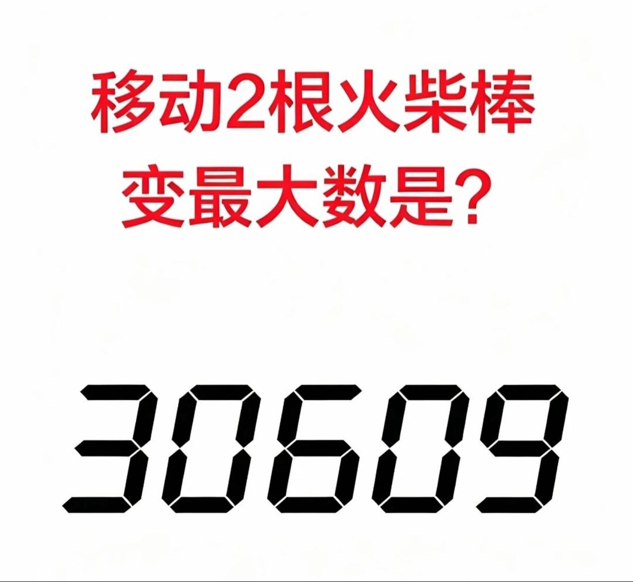 趣味火柴棒脑力题来了！数字30609，规则是只能移动2根火柴棒，看看能拼出多大的