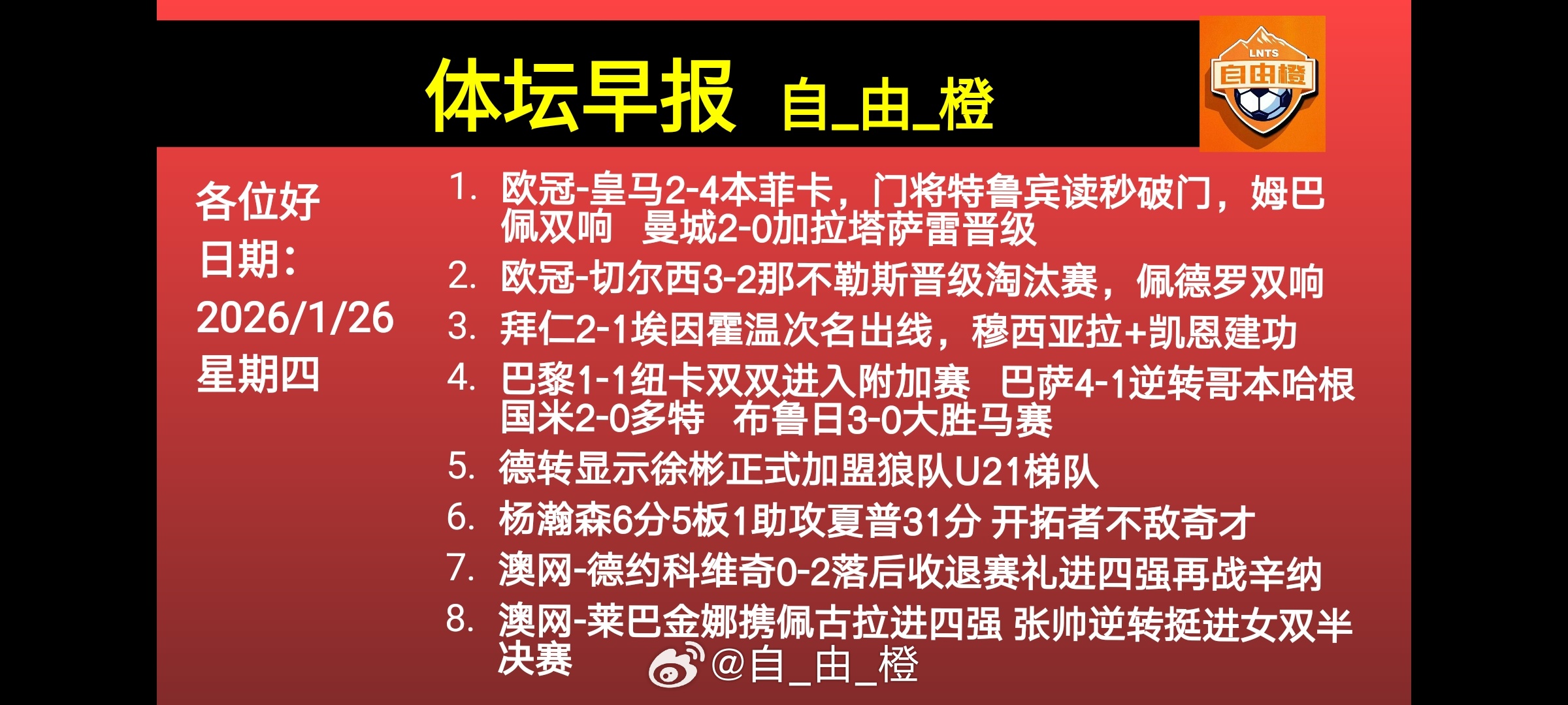 早安！自由橙体坛早报每日橙语