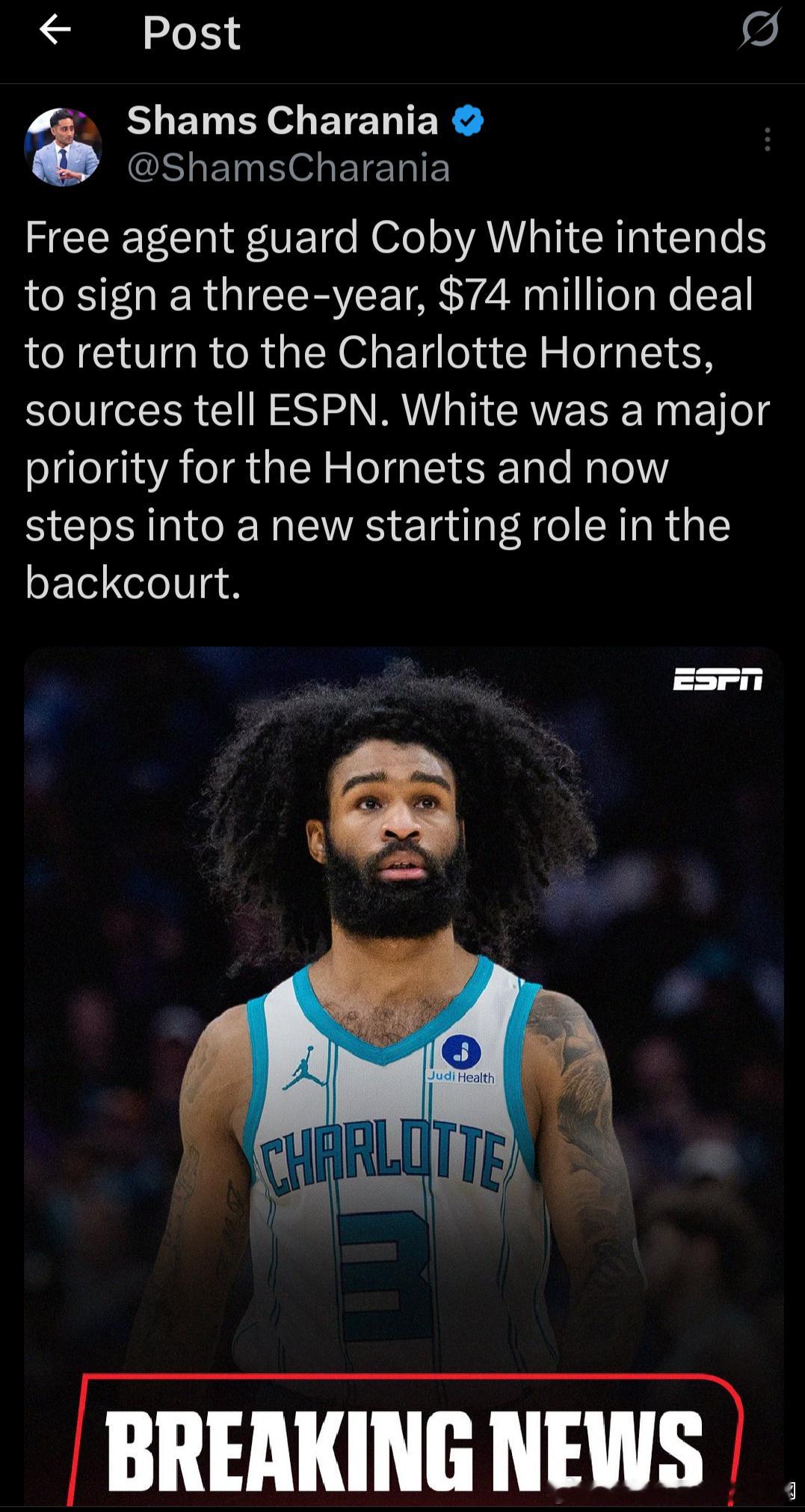 科比怀特3年7400万留在黄蜂NBA