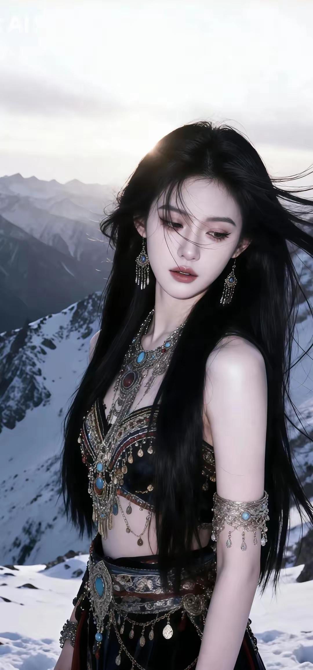 一个穿着华丽服饰的姑娘站在雪山前。