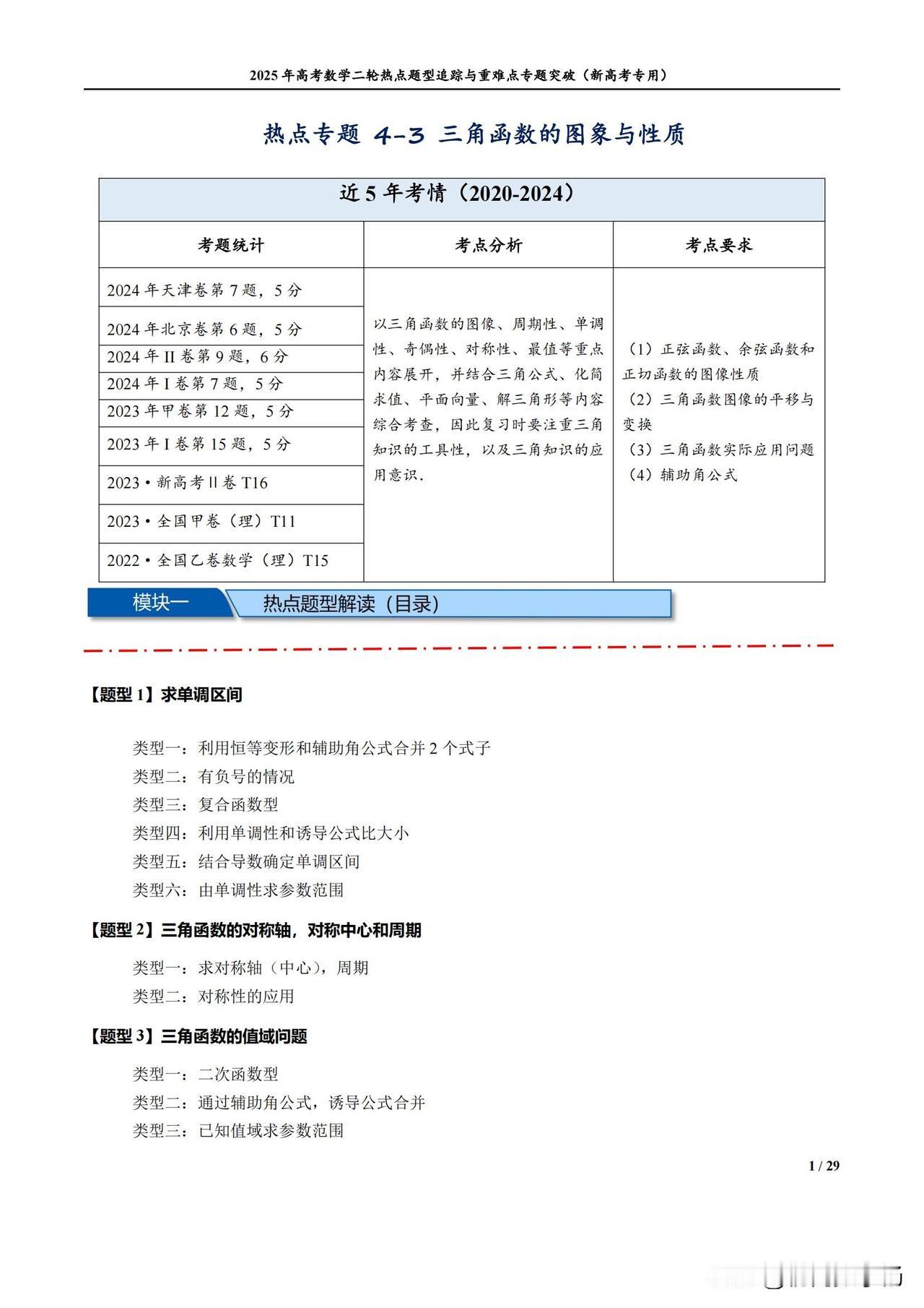 高三数学培优——三角函数的图象与性质11种题型汇编
1、求单调区间
2、对称轴，