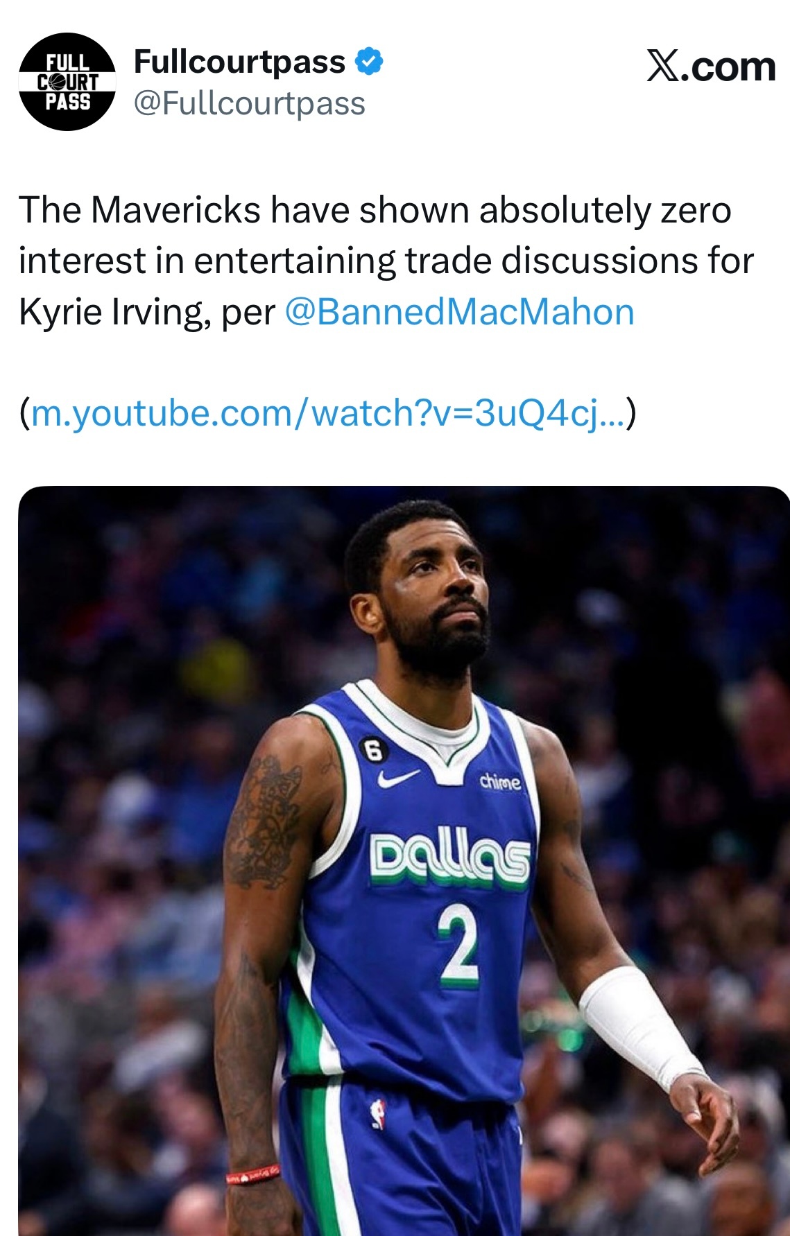 Tim MacMahon：独行侠方面明确表示，完全无意就凯里-欧文的交易展开任何