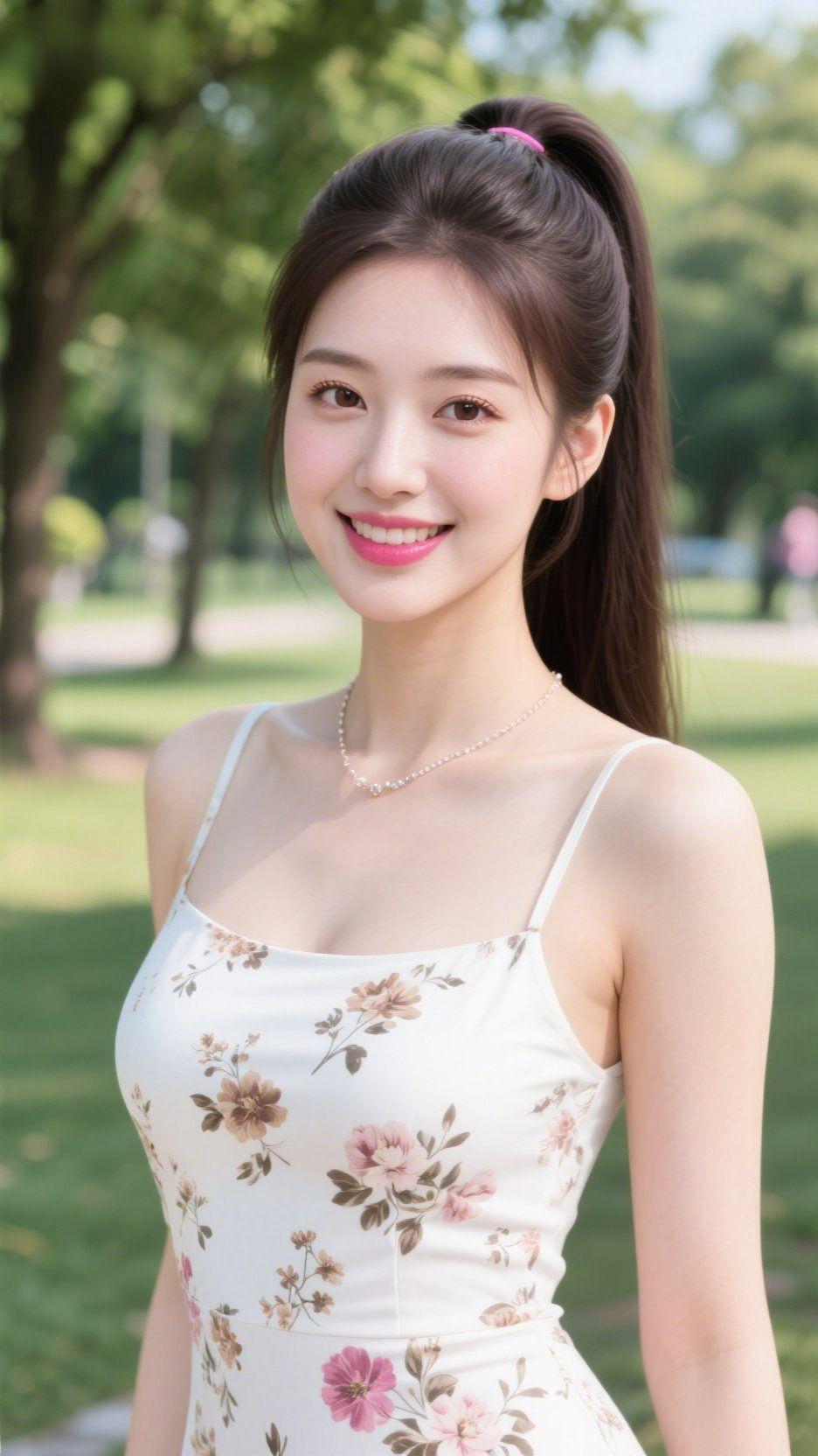 《花裙栖晴光》
 
夏风裹着草香漫过公园，她立在细碎光斑里，高束的马尾随轻缓呼吸