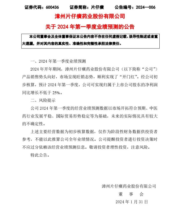 片仔癀报喜！迫不及待为哪般？

早在2024年1月31日，片仔癀药业就发布了20