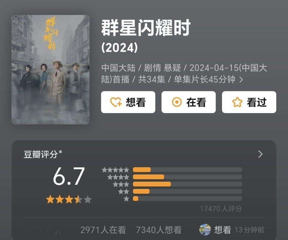 李现、任敏主演的#群星闪耀时# 豆瓣开分6.7，你觉得高了还是低了？ ​​​