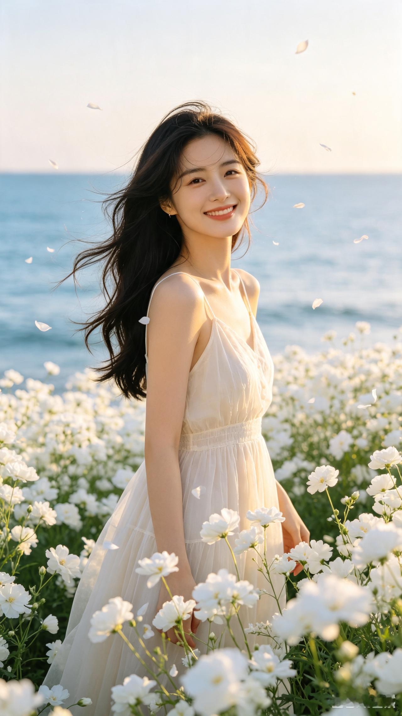 花海嫣然
繁花铺野溢清香，丽影娉婷立浅芳。
笑靥轻绽融晨露，明眸微眄醉韶光。
风