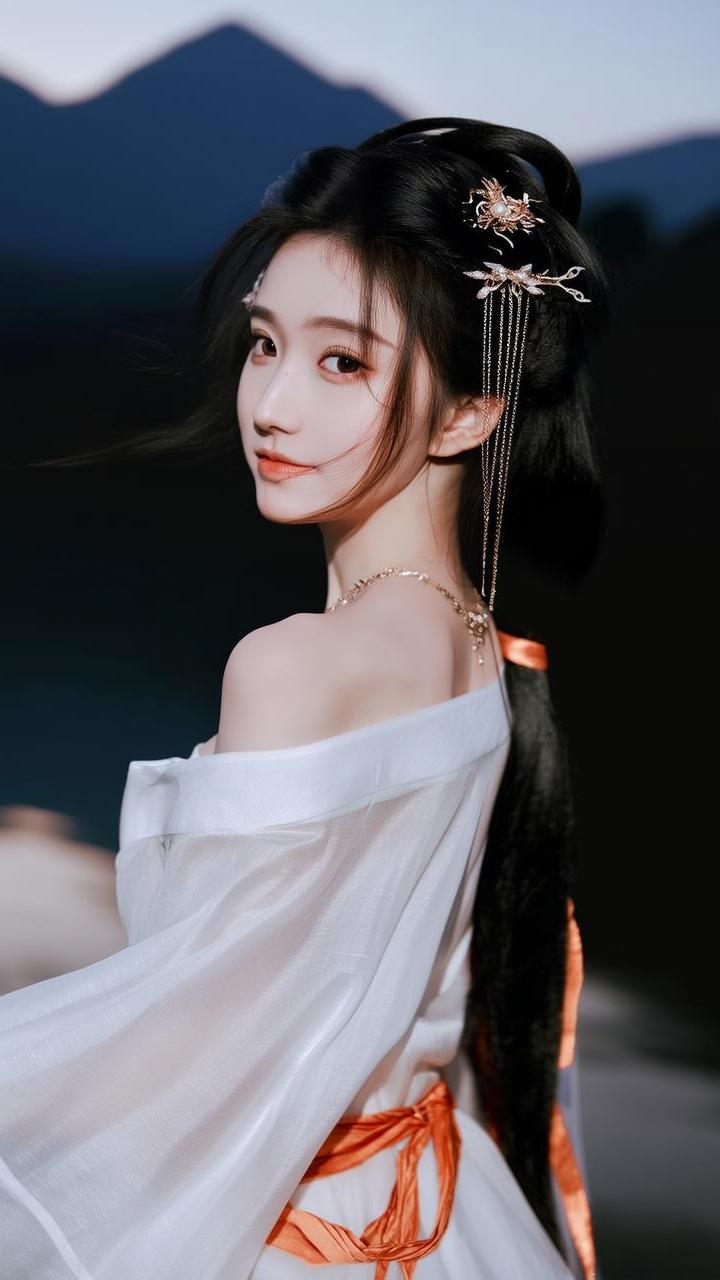 古风少女，黑发如瀑，红唇轻启，一袭白衣，宛如画中仙。