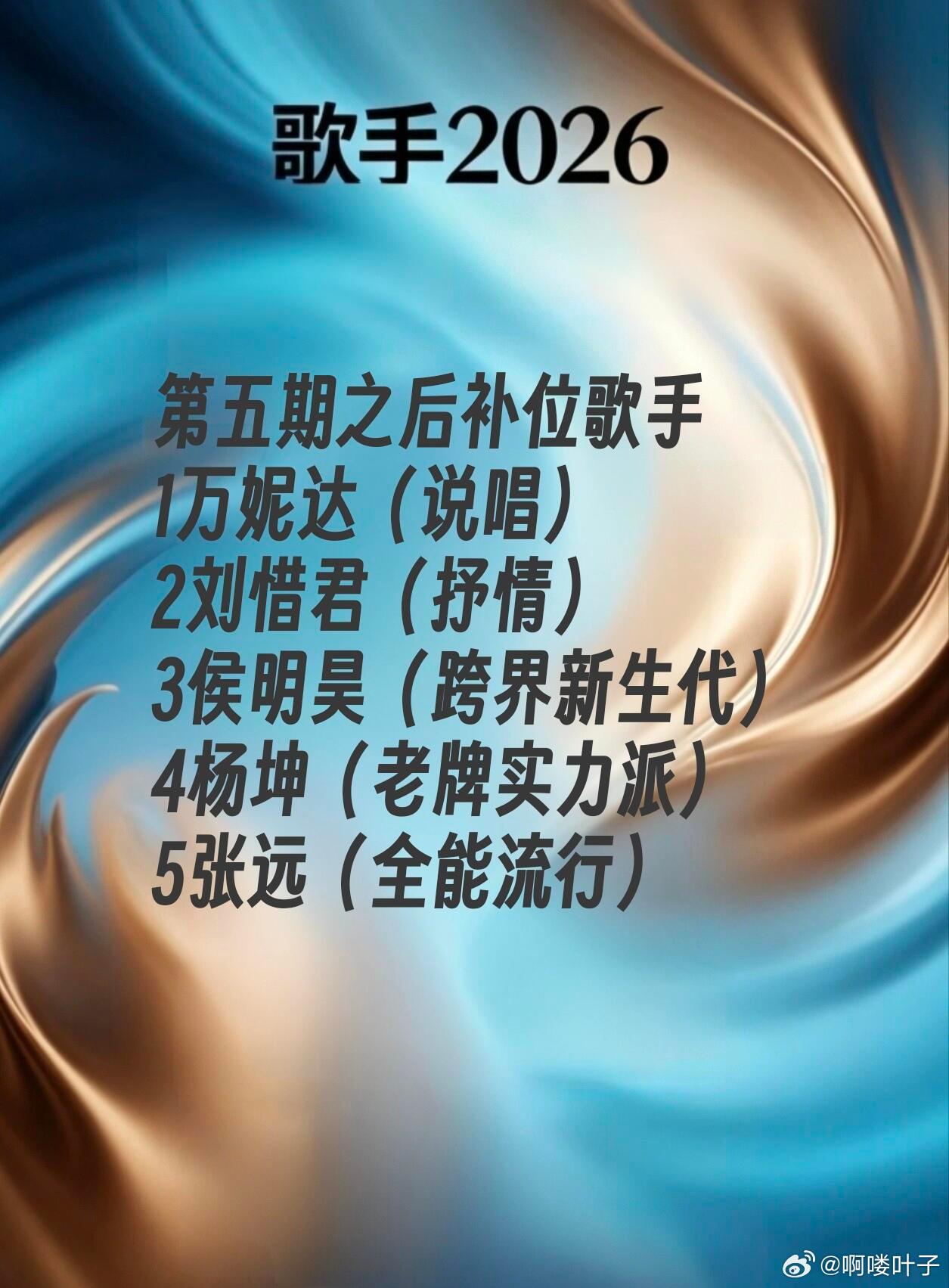 根据目前的网络爆料，《歌手2026》第五期补位名单中还包括杨坤和张远。综合来看，