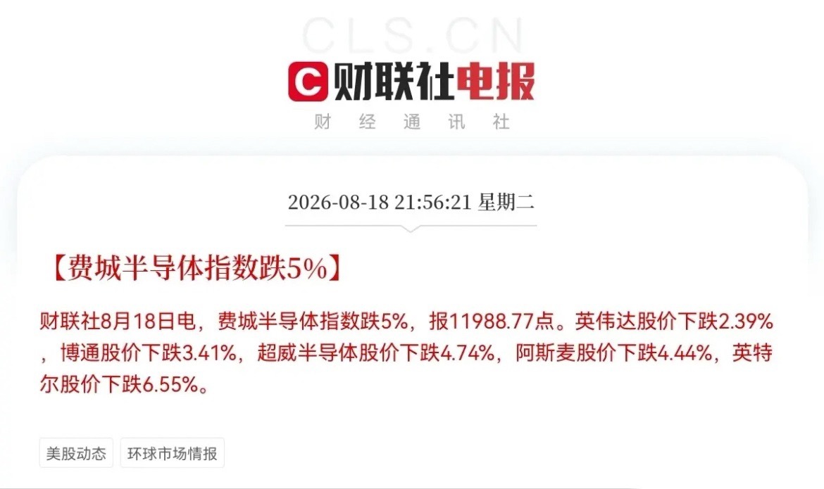 明天半导体芯片板块还抗的住吧！深夜突发利空！美股半导体存储芯片股开盘集体大跳水了