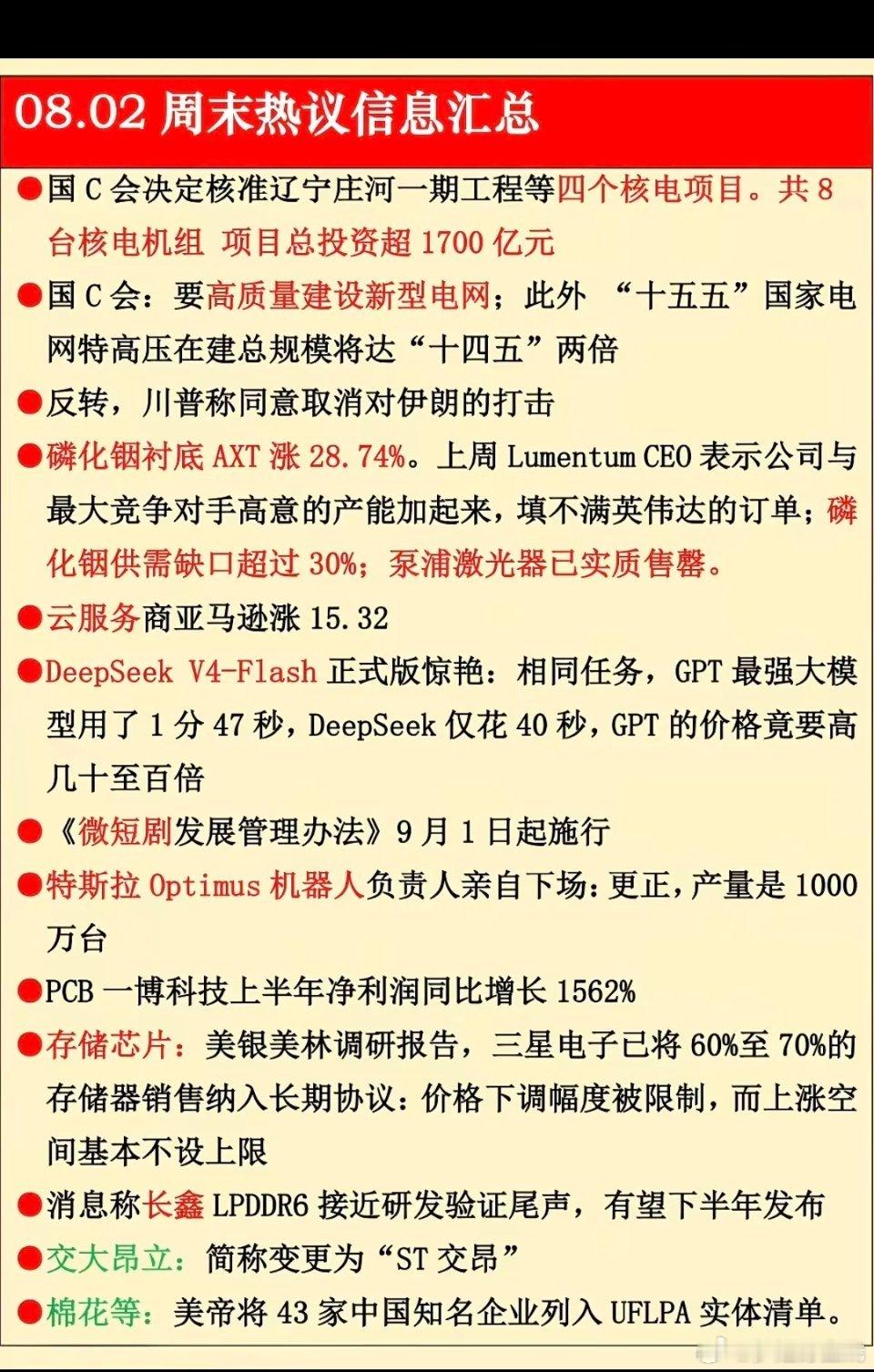 8.02周日  晚间：财经热点信息参考！1.核电核能2.磷化铟衬底3.云服务4.