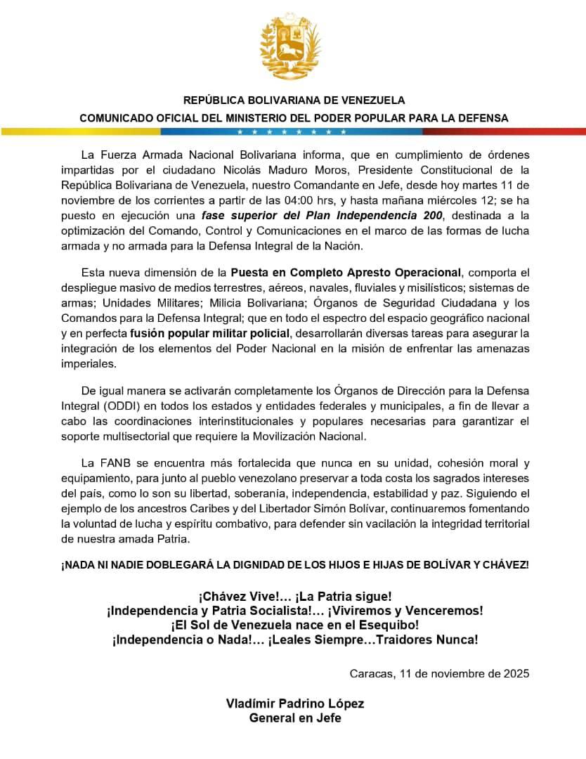 委内瑞拉已将其武装部队置于全面作战戒备状态，并因来自美国的军事威胁，启动了军事人