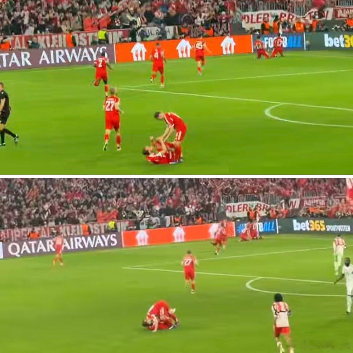 💫約書亞·基米希看到哈利·凱恩在奧利塞攻入第四球後疲憊倒地，便上前與他一同慶祝