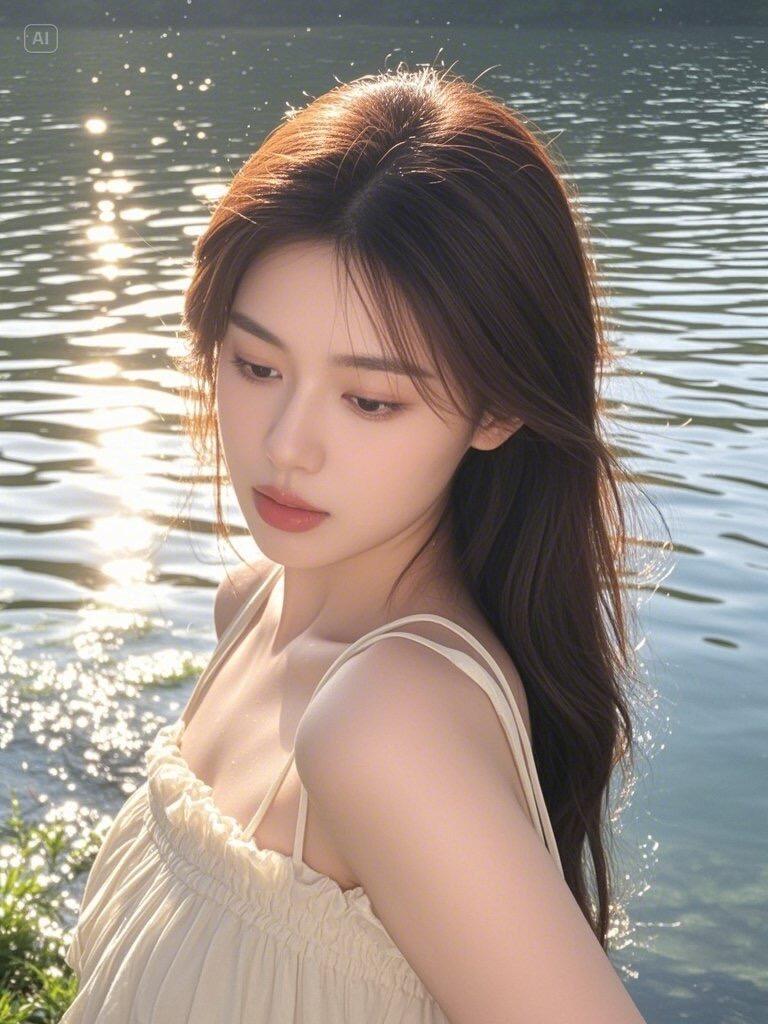 在湖边沉思，阳光洒落，温柔如梦。