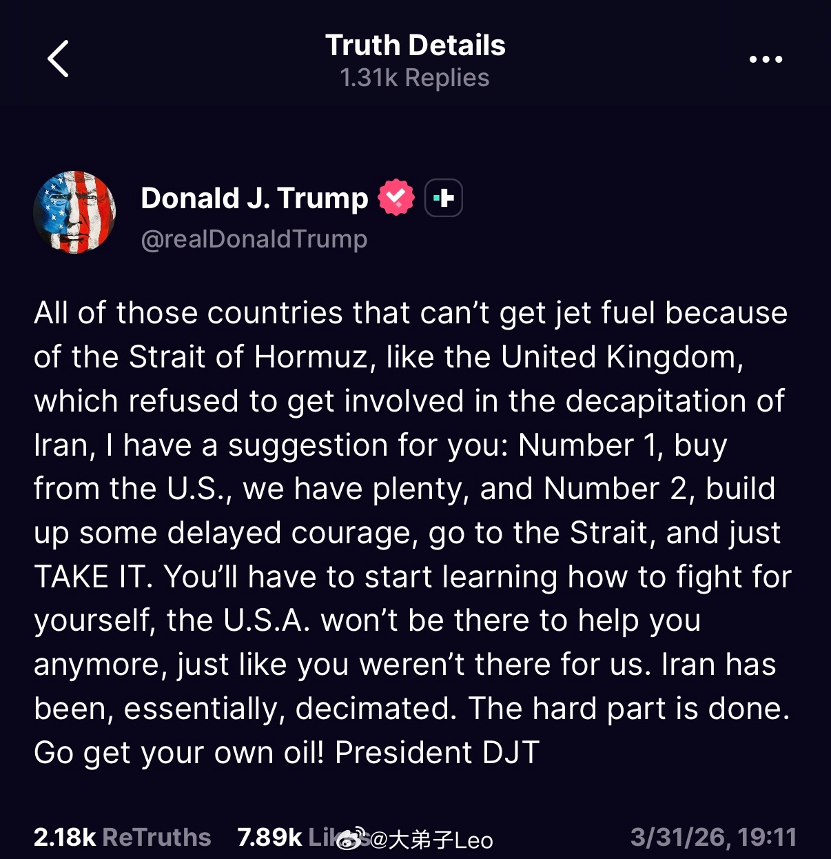 特朗普表示，需要能源的国家要么从美国买、要么自己去拿，美国不会再帮忙了，尤其是英