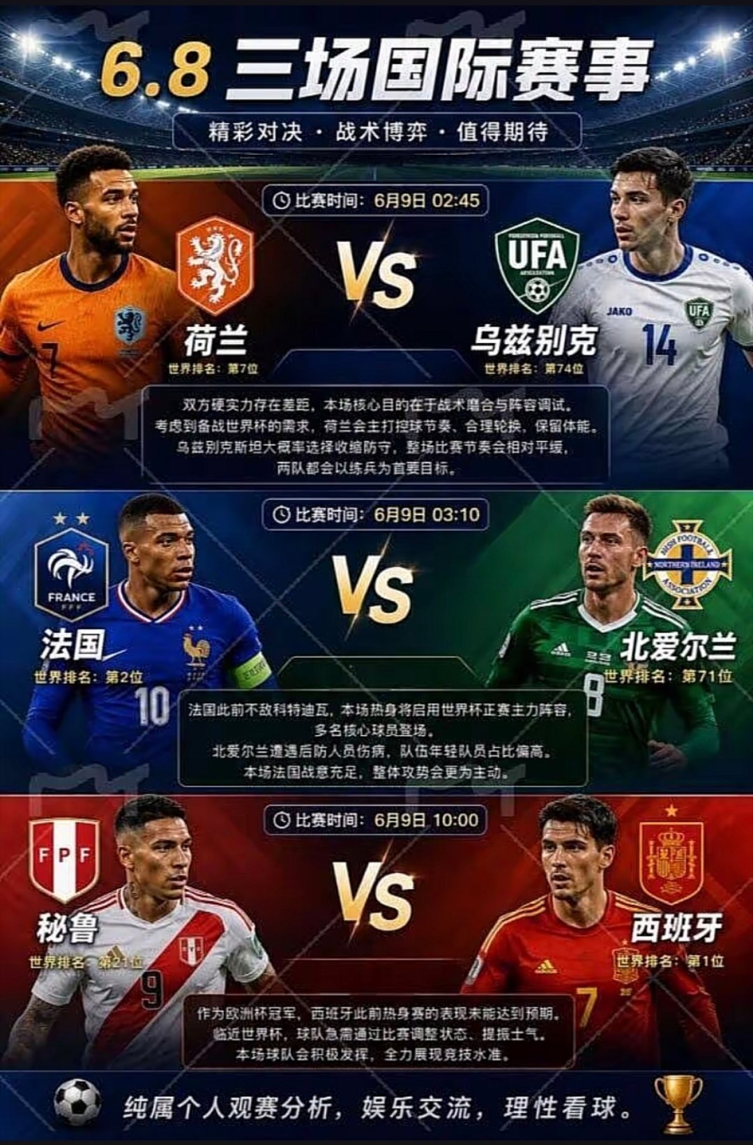 今天比赛少，但这几场比赛实力悬殊还是有一定差距的荷兰和乌兹别克斯坦，荷兰找乌兹别