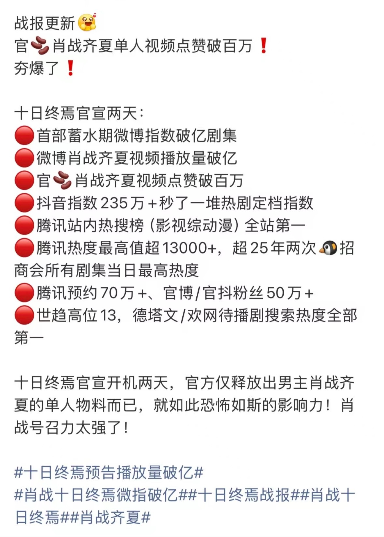 肖战十日终焉战报来了 