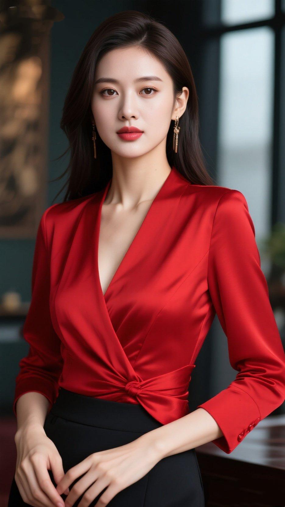 《红衫栖雅光》
 
室内的柔光轻落衣间，那抹红似揉碎的暖霞织进丝缎，衬着舒展的肩