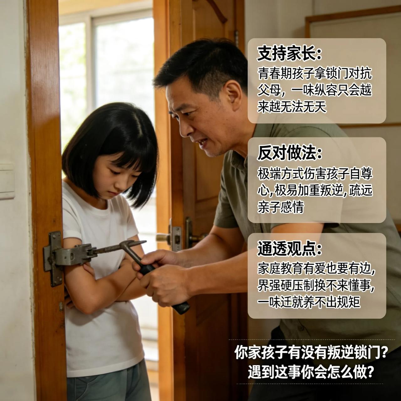 孩子赌气反锁房门，父亲直接拆掉房门，冲上热搜引发全网争论
 
① 支持家长：青春