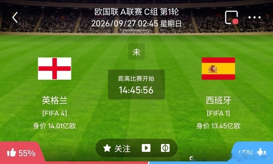 英格兰 vs 西班牙英格兰（欧国联A联赛C组第1轮）✅利好：FIFA第4，身价1