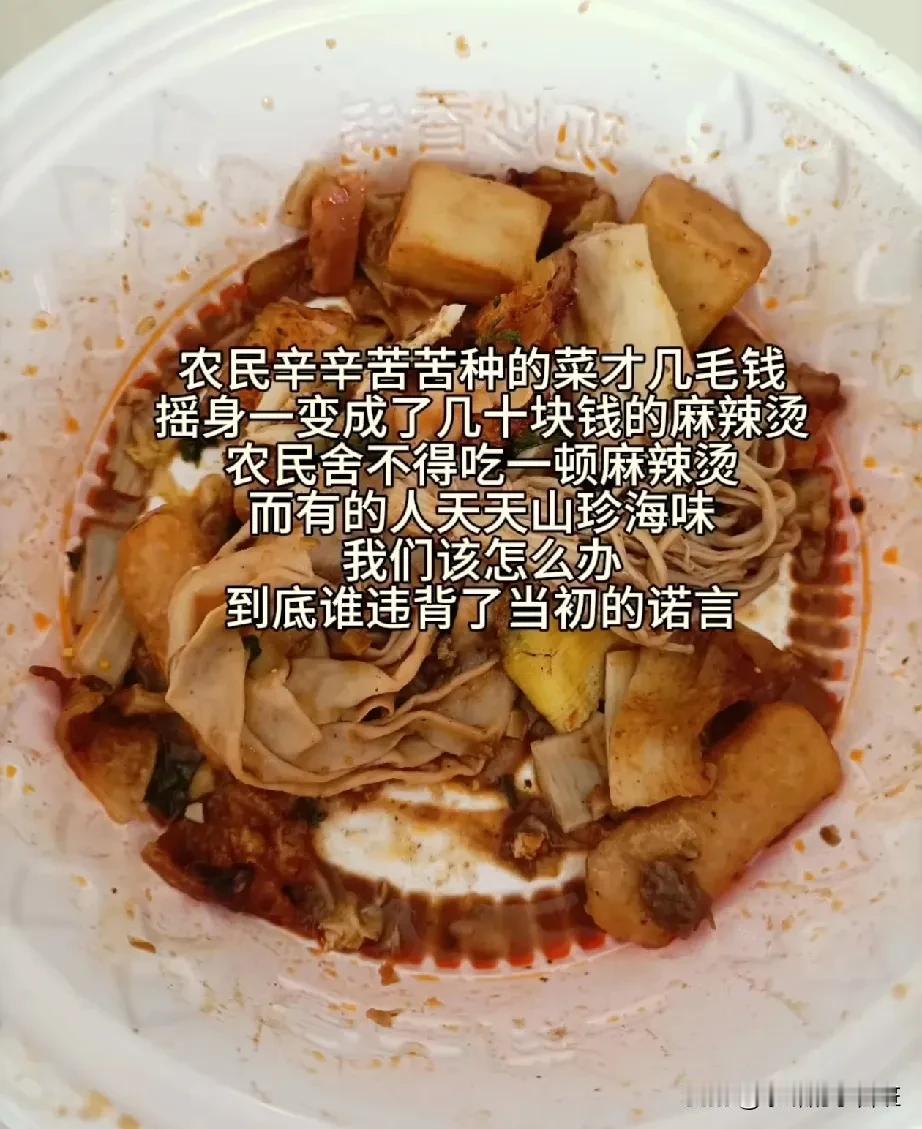 农民勤勤恳恳种地数十载，却不舍得吃一碗几十元的麻辣烫。
坐在办公室里吹着空调的所