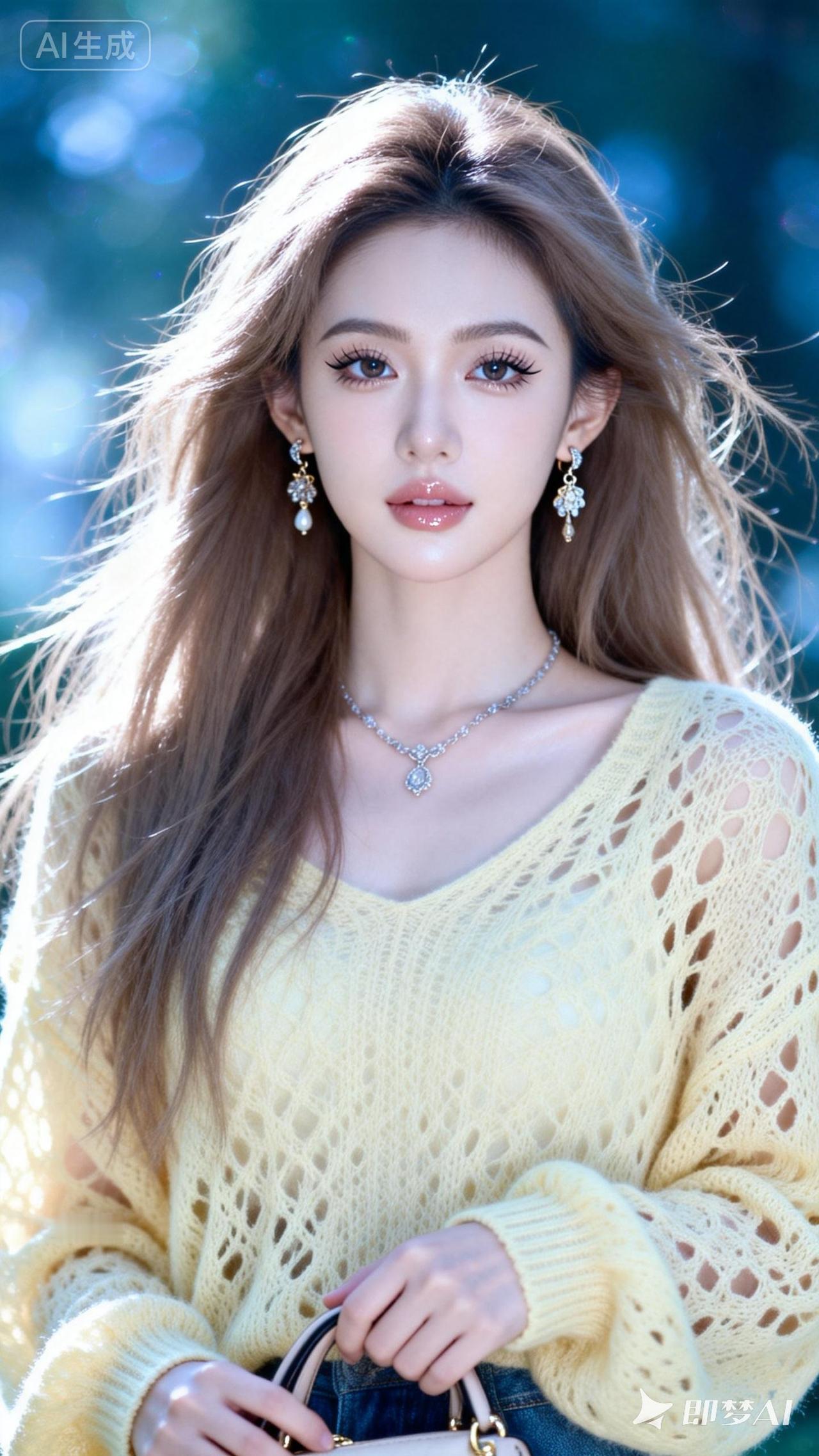 温柔甜美的少女，黄色针织衫搭配精致项链，元气满满！🌟✨