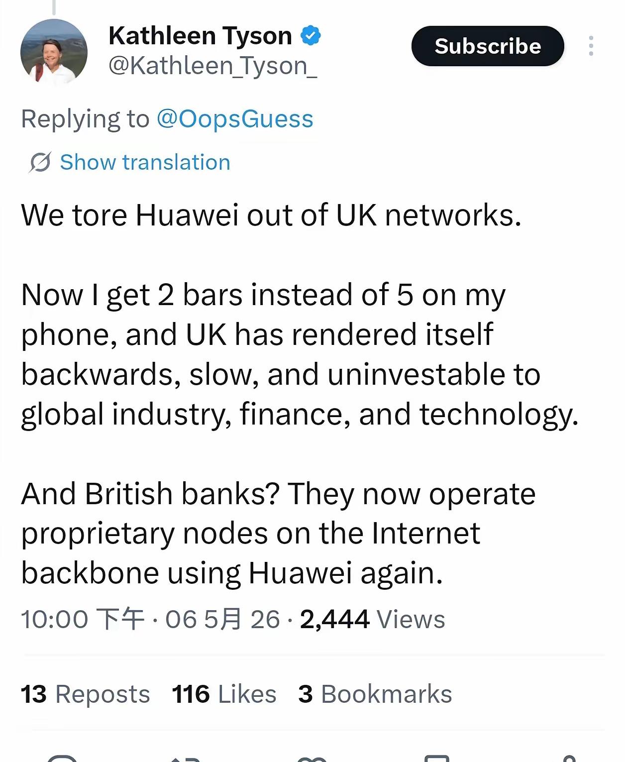 英国人抱怨把华为赶出去，结果只有2G的网络，英国现在越来越落后和倒退了，英国的网