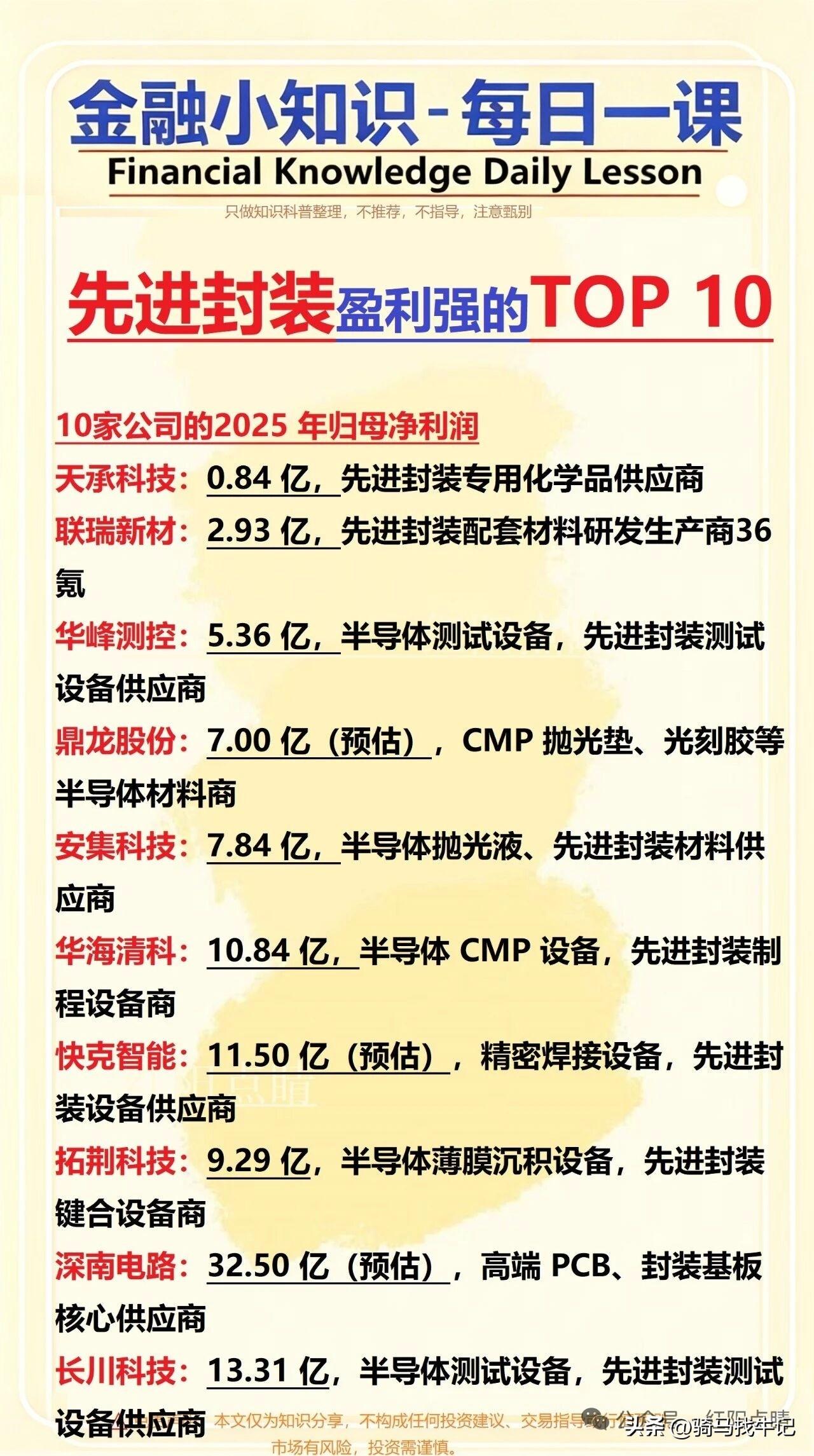 先进封装盈利强的TOP 10

10家公司的2025年归母净利润
天承科技：0.