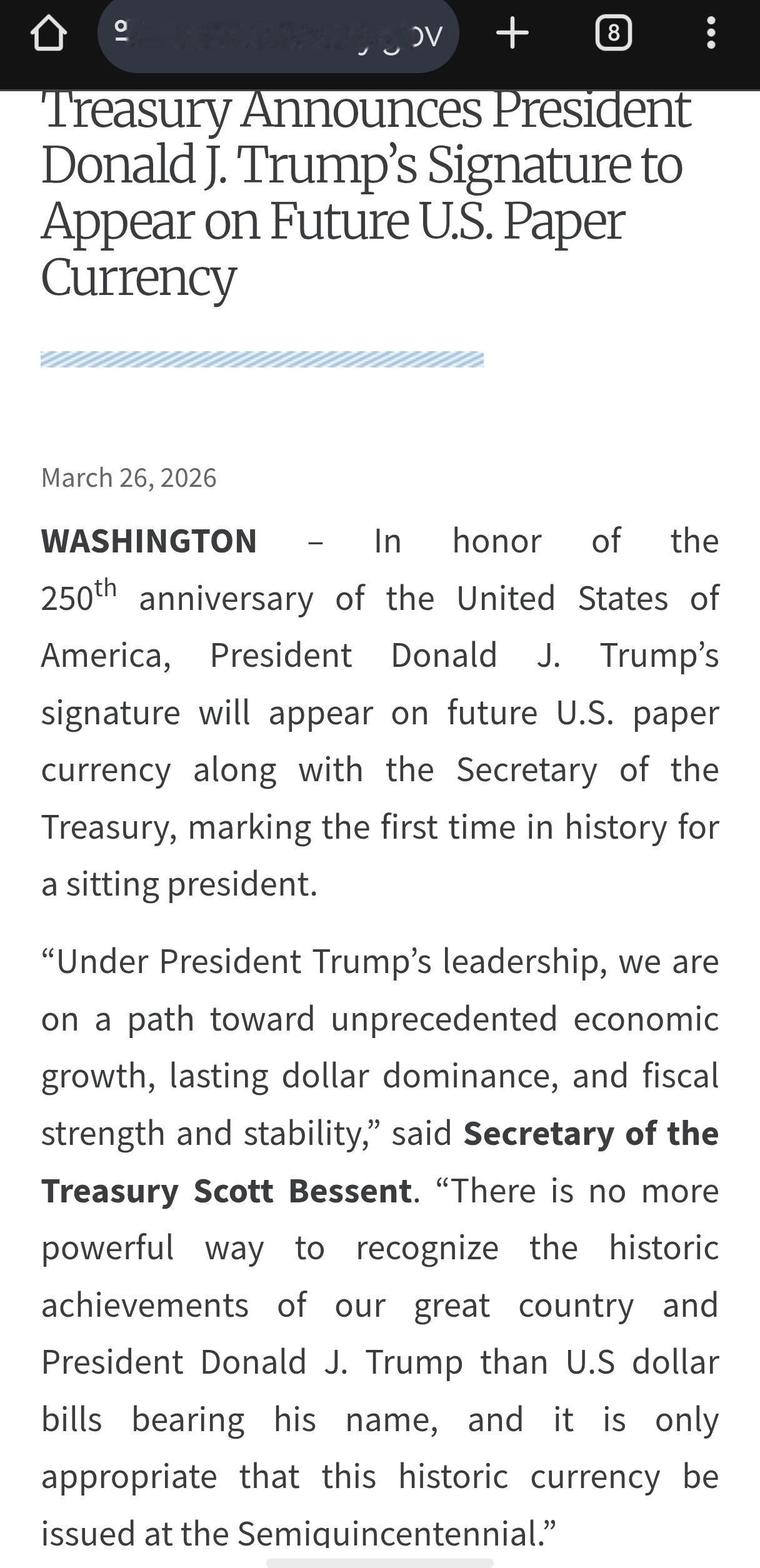 美国财政部2026年3月26号通告——为纪念美利坚合众国成立250周年，特朗普总