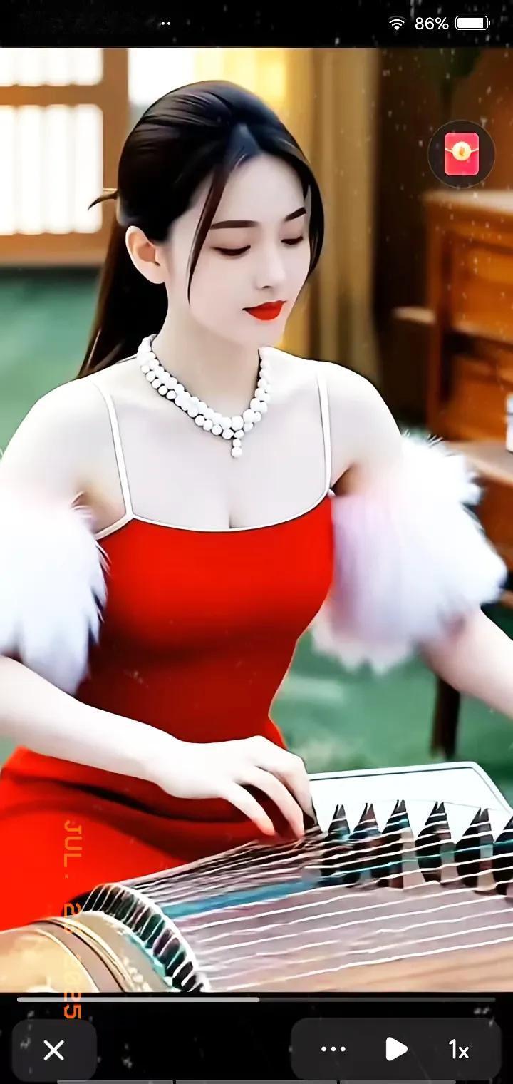 优雅钢琴演奏，红裙白珠，指尖流淌着美妙的旋律。