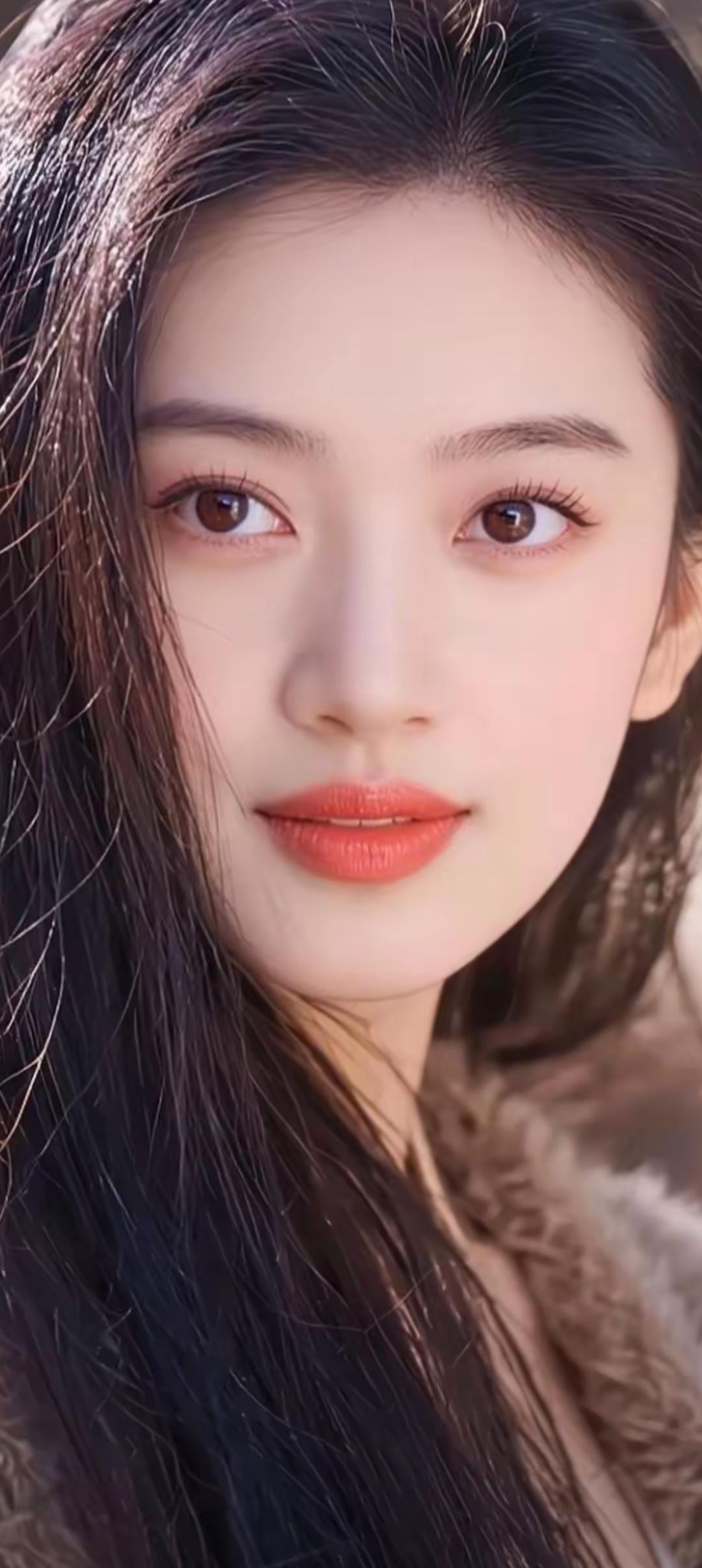 温柔甜美的冬日妆容，红唇与黑发相得益彰，温暖而迷人。