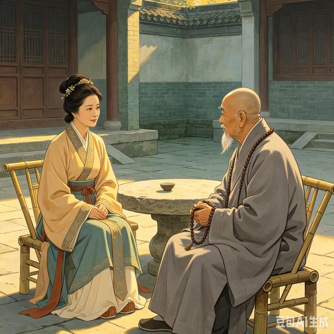 老和尚:         命里有时终须有。

公元 982年，一对蜀地刚刚结婚不
