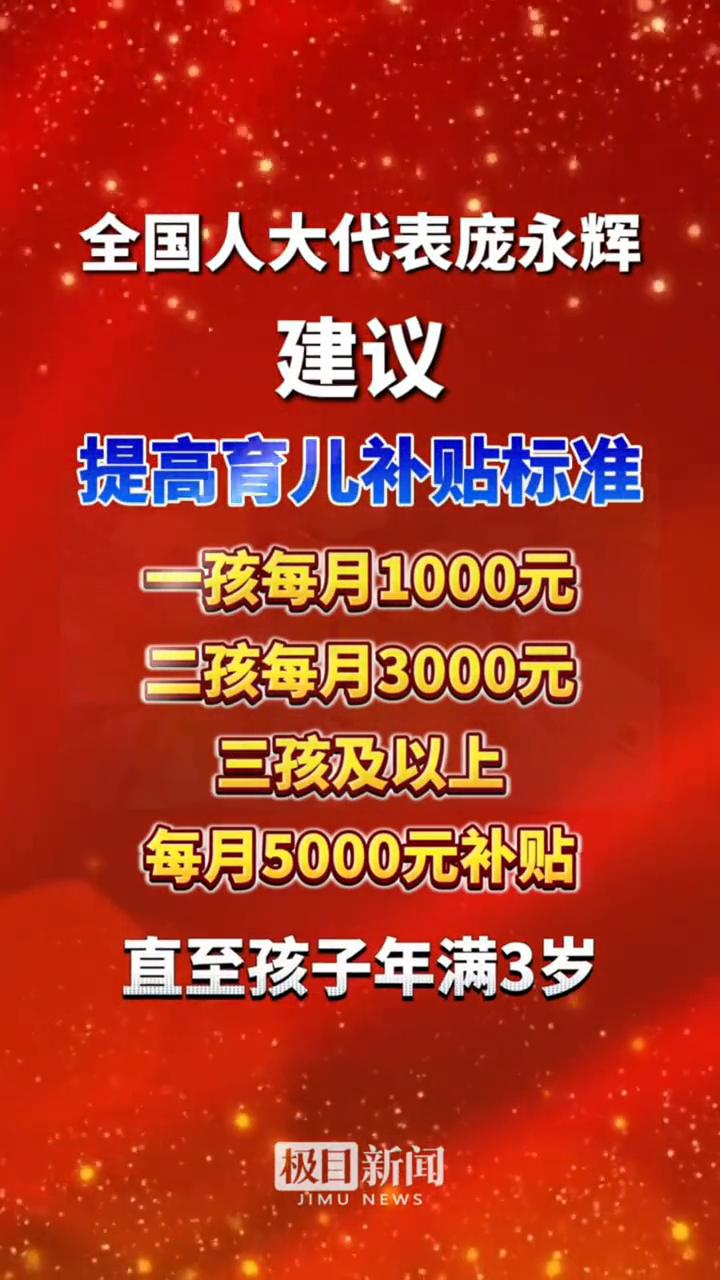 全国人大代表庞永辉建议提高育儿补贴标准。
一孩每月1000元，二孩每月3000元