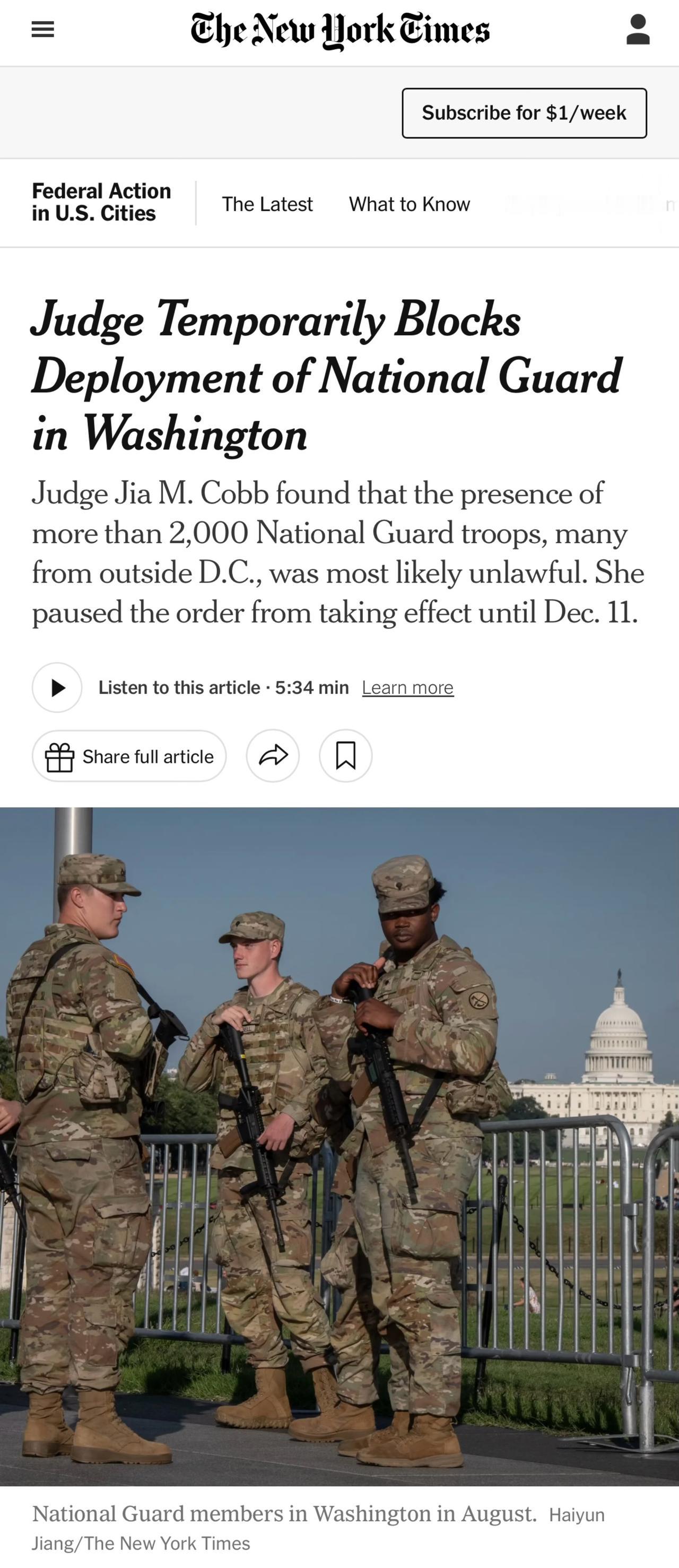 一名联邦法官裁定，2000多名国民警卫队士兵驻扎在华盛顿特区是非法的。

当地时
