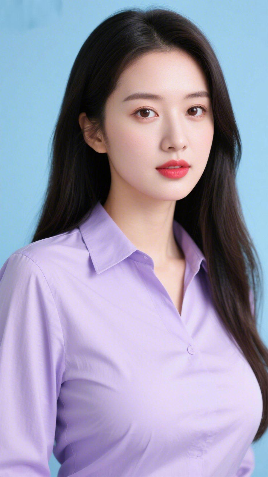 柔紫伴浅光
 
淡蓝背景中，这抹柔紫落得温软舒展。
 
衬衫领角轻垂，布面裹着雾