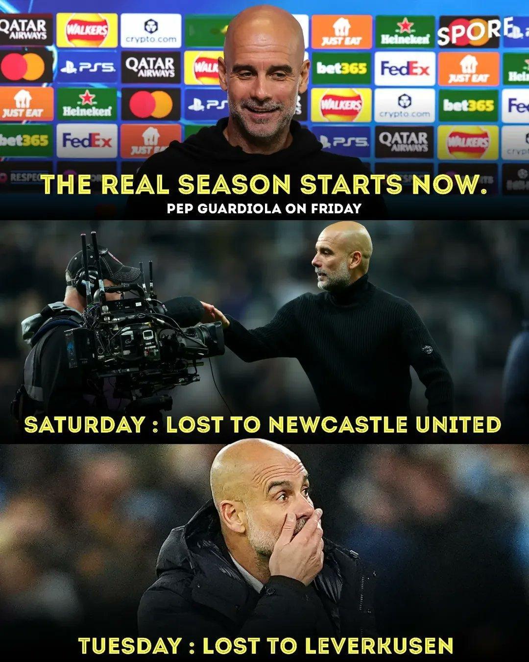 周五，瓜迪奥拉宣布赛季真正开始了。周六，曼城联赛负于纽卡斯尔。周二，曼城欧冠负于