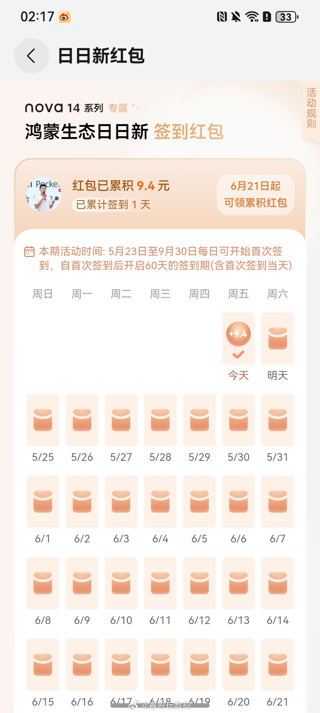 华为nova14 今日开售第1天，在华为钱包APP首页即可领取鸿蒙生态日日新签到