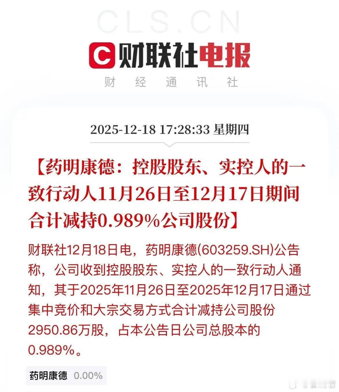 除了减持又是减持，要命康德大股东又减持了，创新药又要瑟瑟发抖了。减持近3000万
