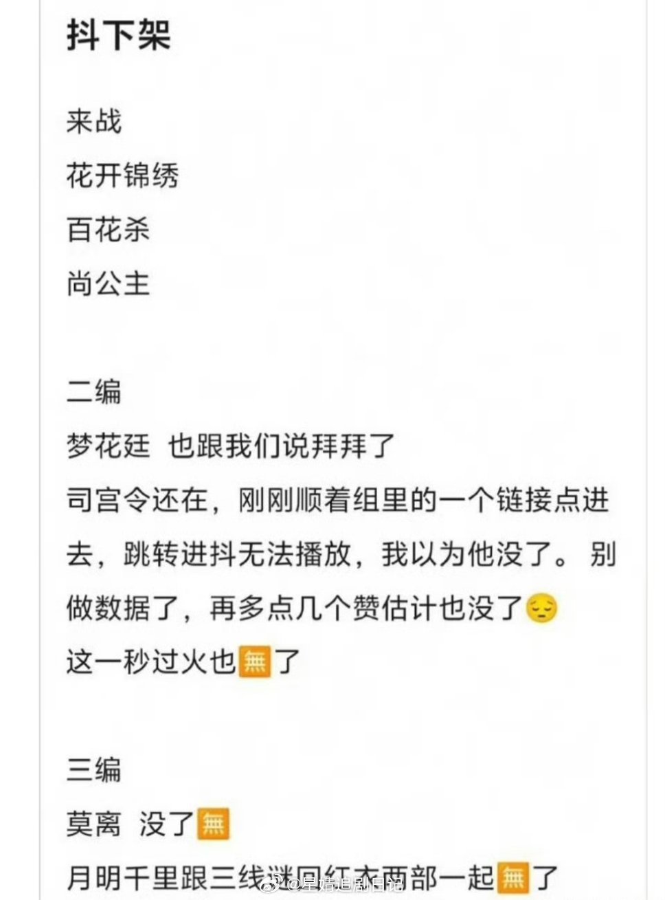 我觉得反而是好事，没有切片就没有剧透，会让更多人直接去平台上看，数据会更好，现在